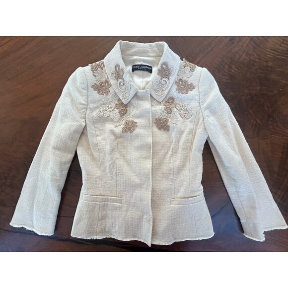 Dolce & Gabbana Jackets & Blazers - Dolce & Gabbana 2000s IT 36 Embroidered Cotton Tweed Jacket Cream Silk US 0-2 XS